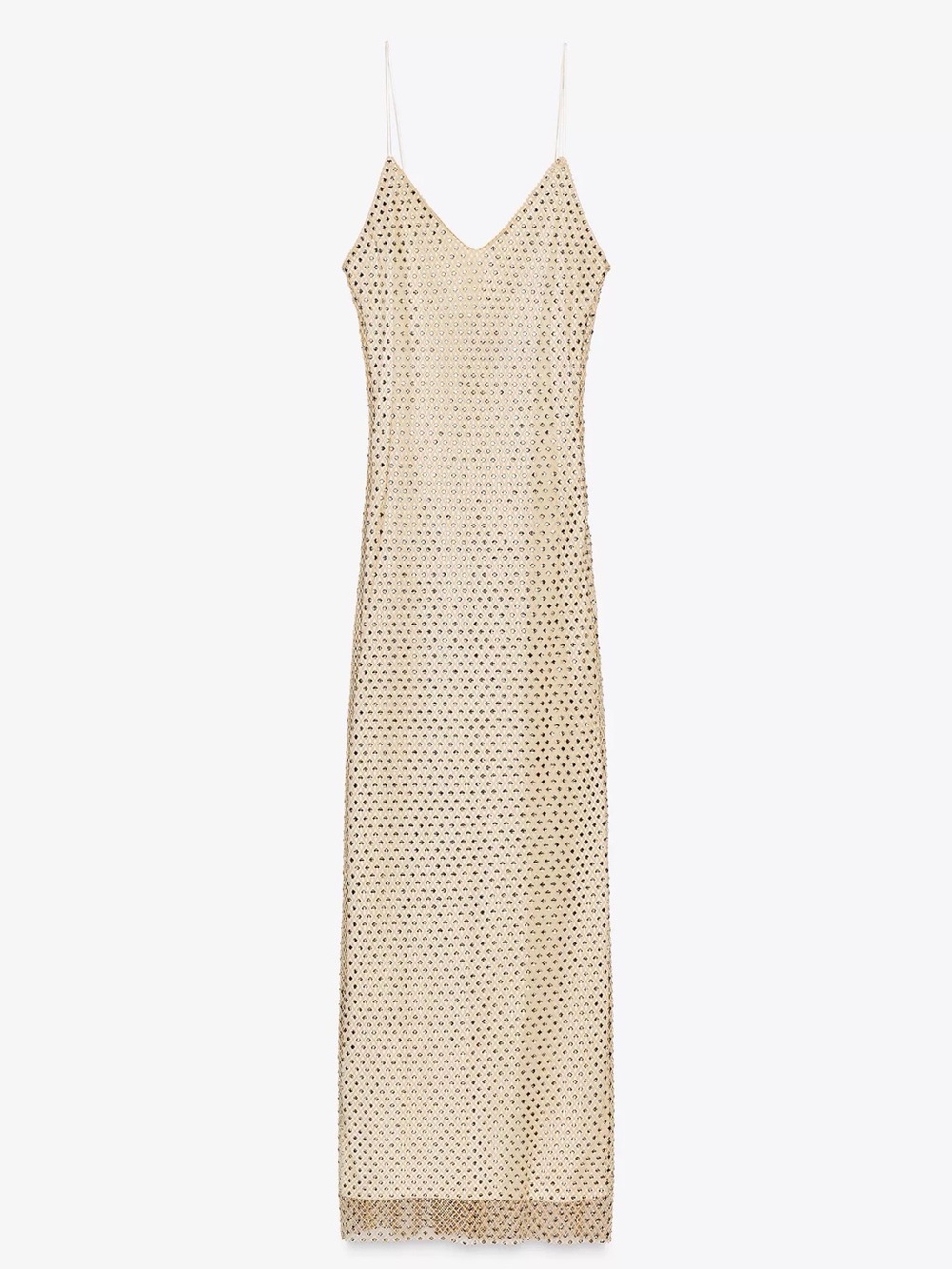 Zara Beaded Champagne Slip Dress with Spaghetti Straps